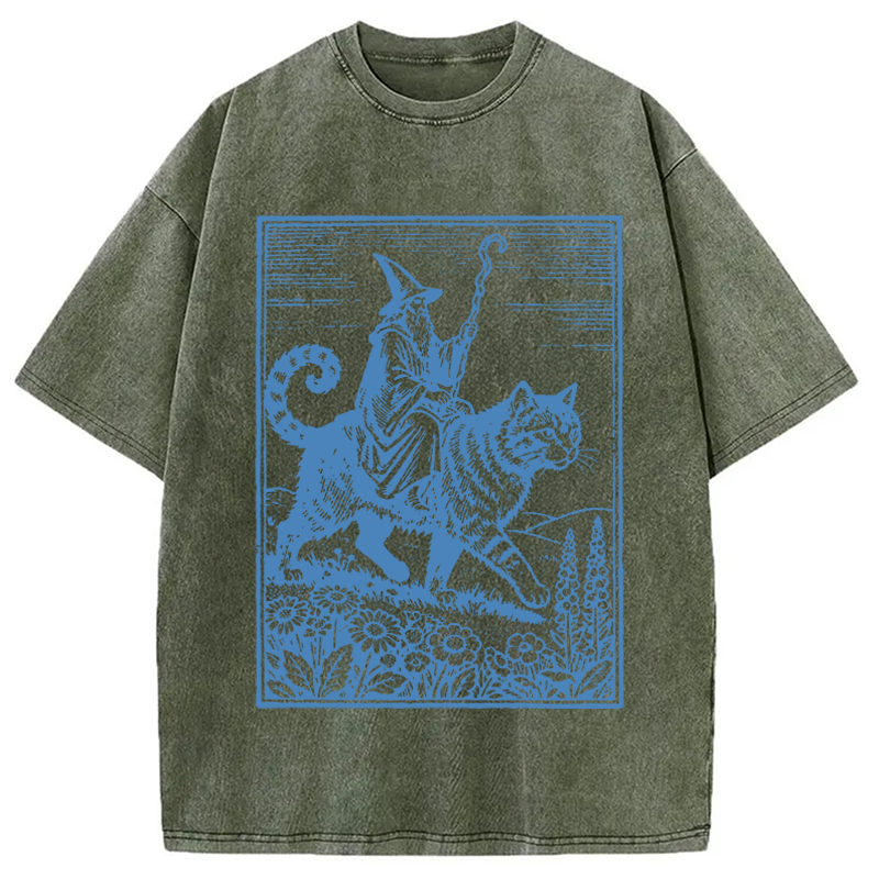 Modecanvas Wizard Cat Rider Vintage DTG Printing Washed T-Shirt