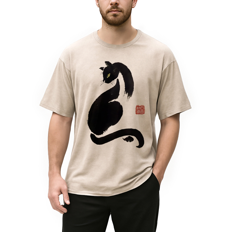 Modecanvas Elegant Black Cat Japan Washed T-Shirt