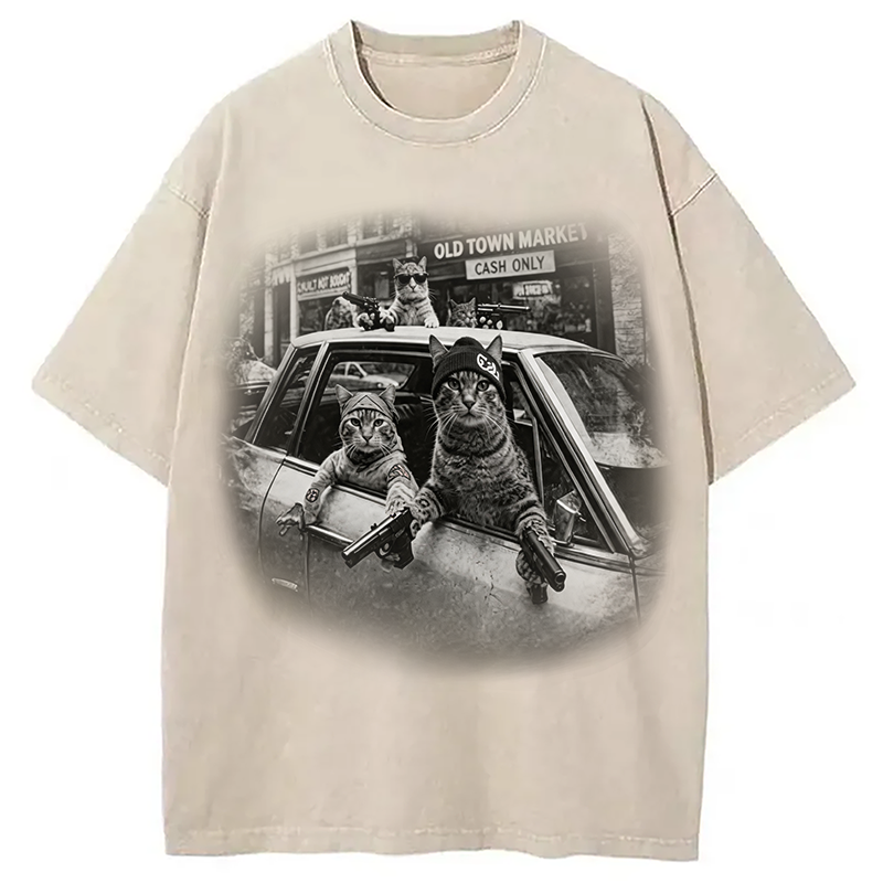 Modecanvas Gangster Cats DTG Printing Washed T-Shirt-modecanvas