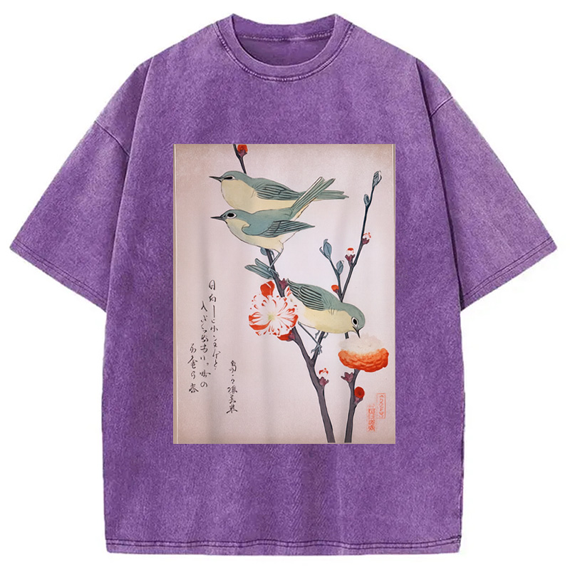 Modecanvas Japanese Art Birds on Cherry Blossom Washed T-Shirt