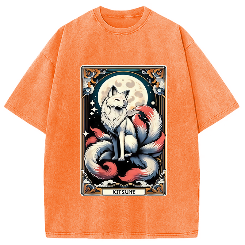 Modecanvas Japanese Kitsune Fox Nine Tailed Fox Tarot Washed T-Shirt