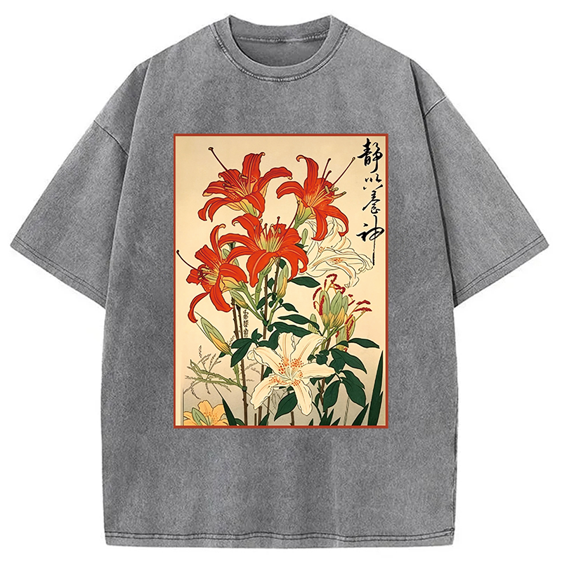 Modecanvas Red And White Lilies DTG Printing Washed T-Shirt