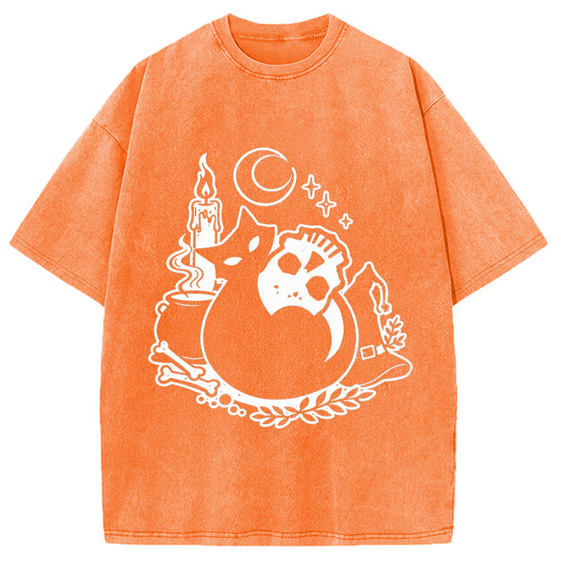 Modecanvas Black Cat Holding Skull DTG Printing Washed T-Shirt