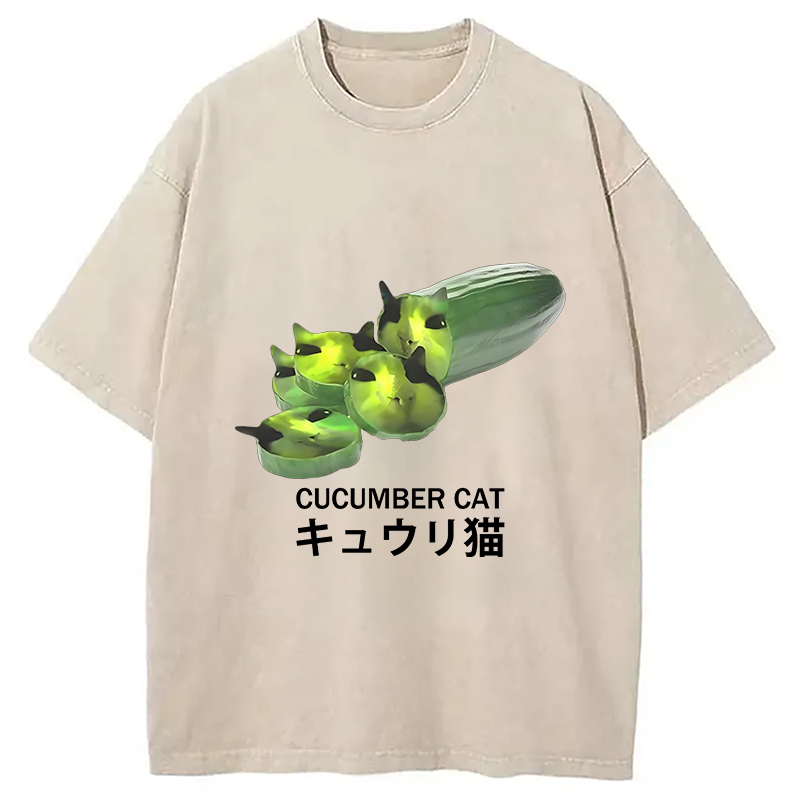 Modecanvas Funny Cucumber Cat Meme Washed T-Shirt
