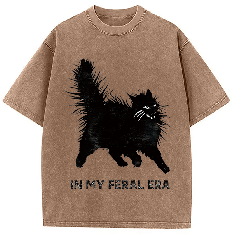 Modecanvas Wild Black Cat DTG Printing Washed T-Shirt