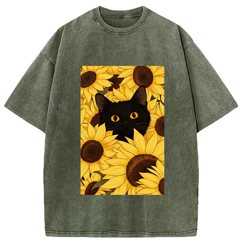 Modecanvas Cat In The Sunflowers Washed T-Shirt