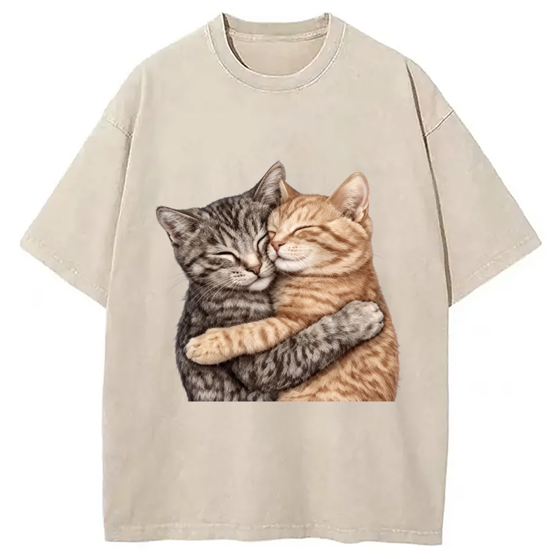 Modecanvas Cute Huggable Cat DTG Printing Washed T-Shirt