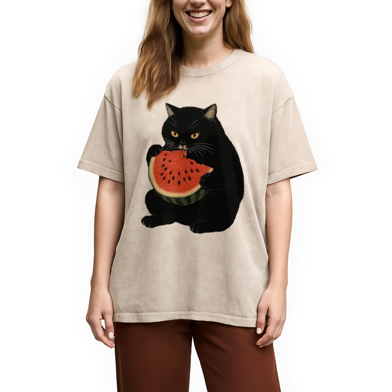 Modecanvas Black Cat Eating Watermelon Washed T-Shirt