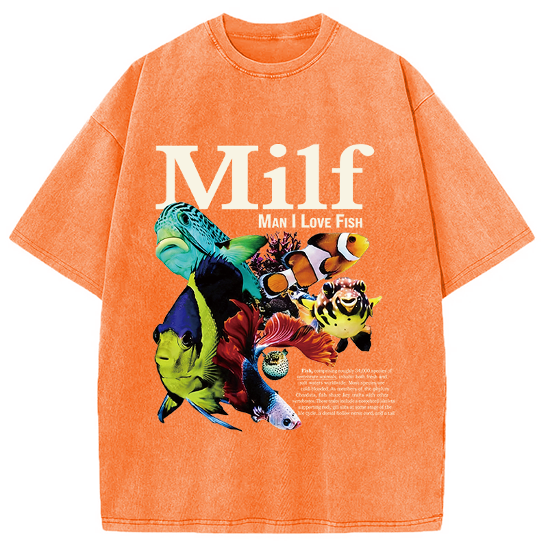 Modecanvas Man I Love Fish Vintage Meme Washed T-Shirt-modecanvas