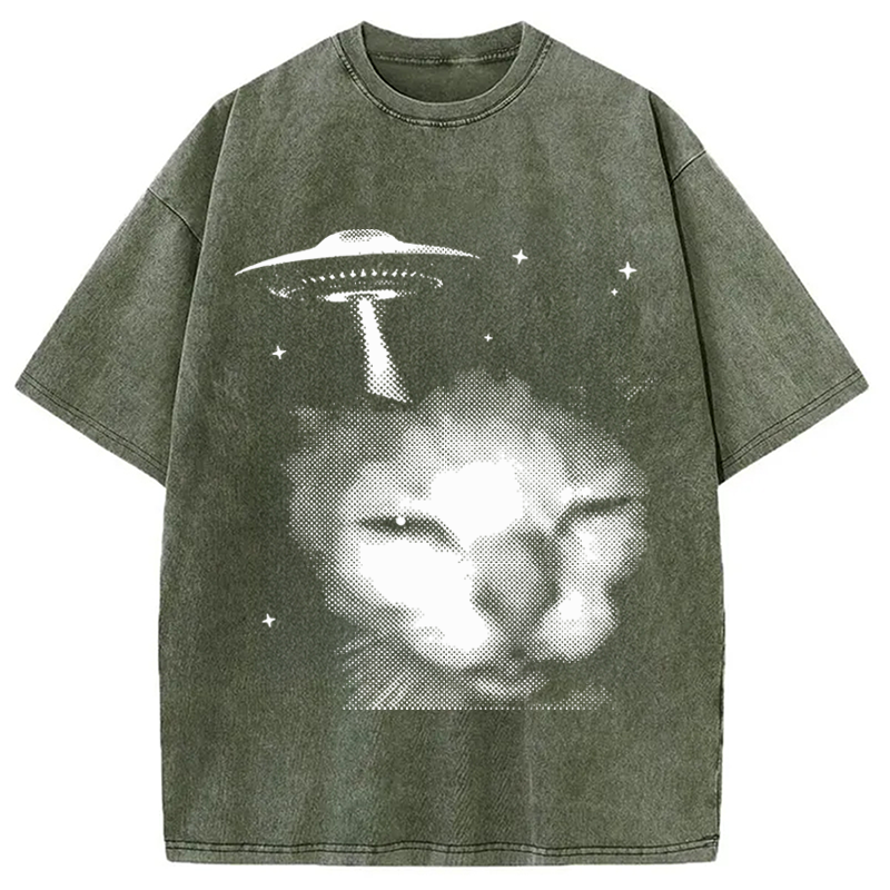 Modecanvas Alien Cat Meme UFO Vintage DTG Printing Washed T-Shirt