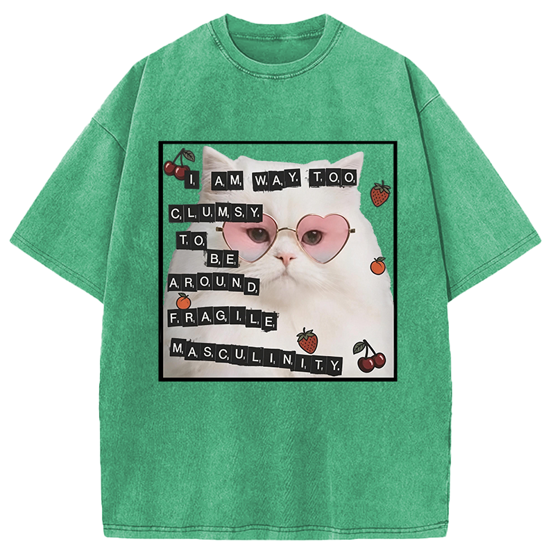 Modecanvas Funny Cat Fragile Masculinity DTG Printing Washed T-Shirt