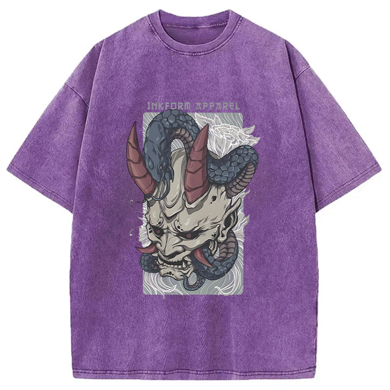 Modecanvas White Oni Mask with Snake Washed T-Shirt