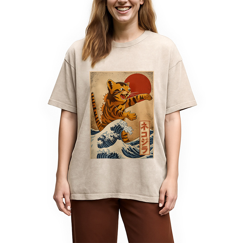 Modecanvas Catzilla Orange Cat Japanese Vintage Washed T-Shirt