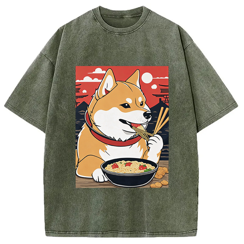 Modecanvas Cute Shiba Inu Dog Eating Ramen DTG Printing Washed T-Shirt