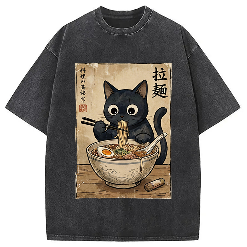 Modecanvas Kawaii Ramen Cat Retro DTG Printing Washed T-Shirt