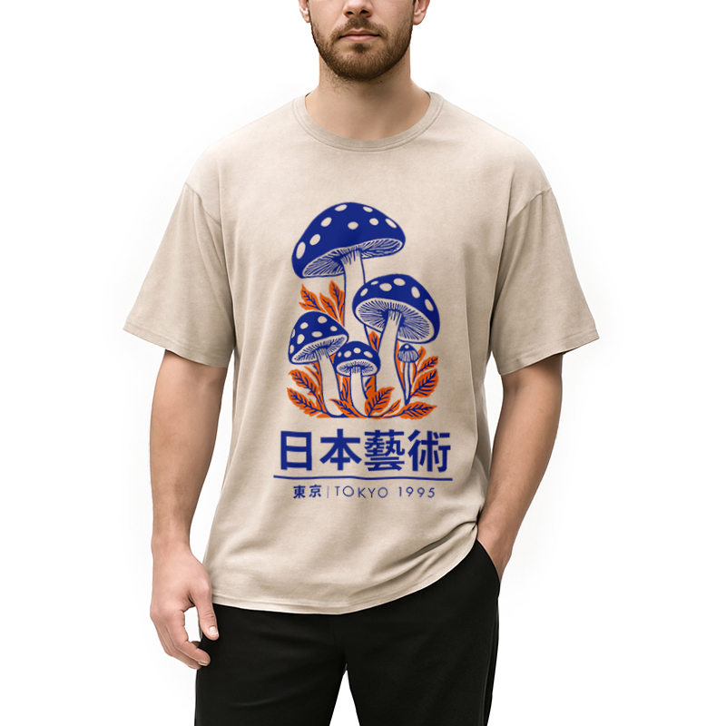 Modecanvas Japanese Art Blue Mushroom Washed T-Shirt