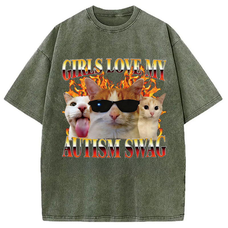 Modecanvas Girls Love My Autism Swag Funny Cat Meme DTG Printing Washed T-Shirt