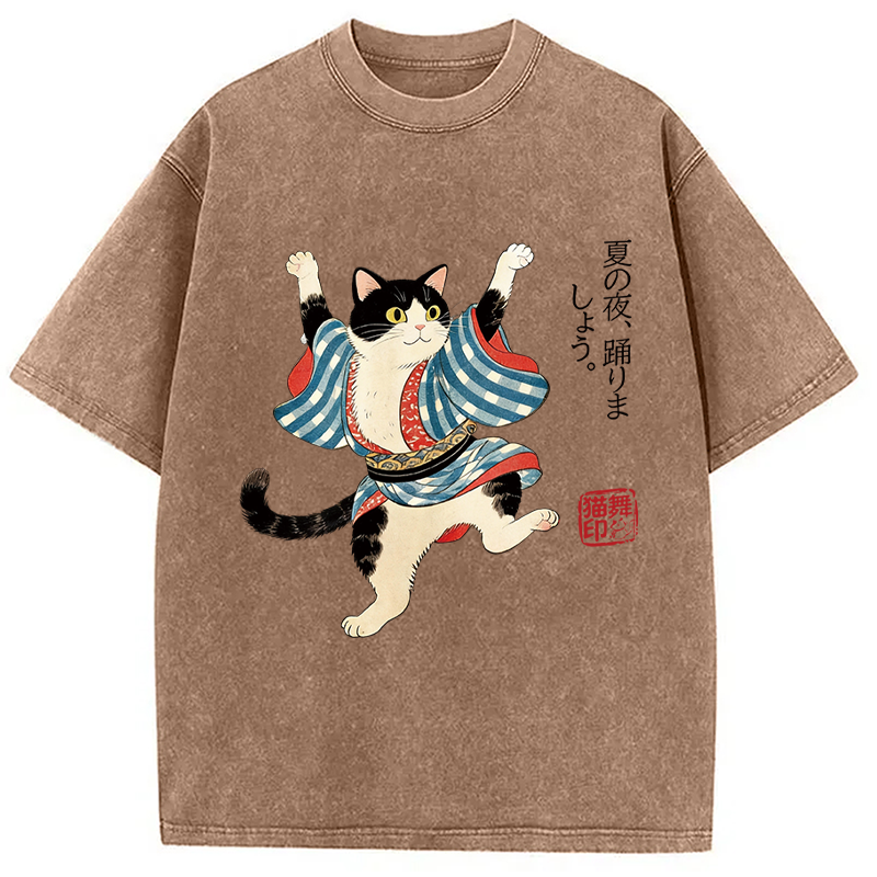 Modecanvas Bon Odori Dancing Cat DTG Printing Washed T-Shirt-modecanvas