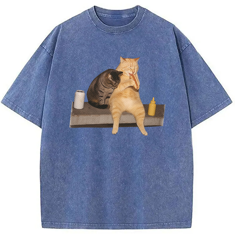Modecanvas Cat Eating Hot Dog Washed T-Shirt