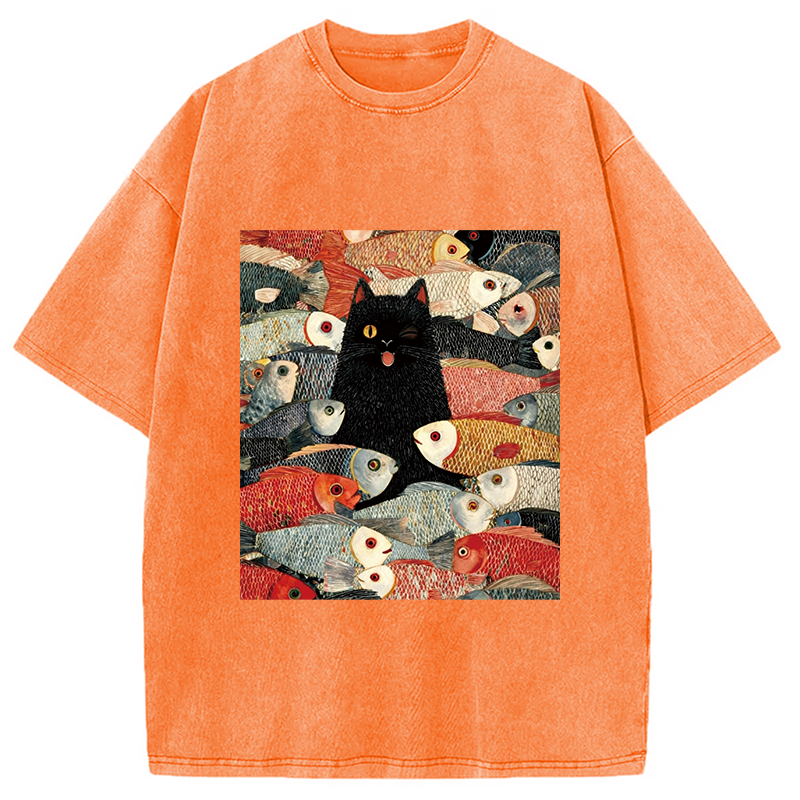 Modecanvas Black Cat Koi Fish Washed T-Shirt