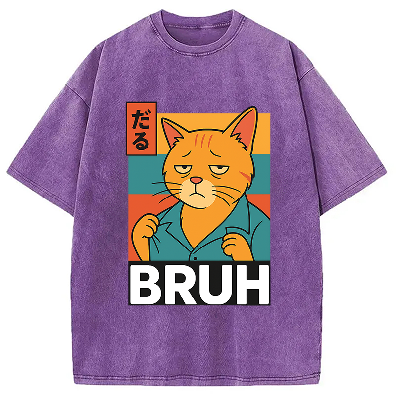 Modecanvas Funny Cat Bruh Meme Washed T-Shirt