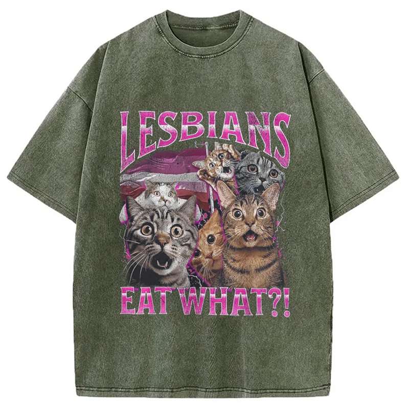 Modecanvas Lesbians Eat What?! Funny Washed T-Shirt-modecanvas
