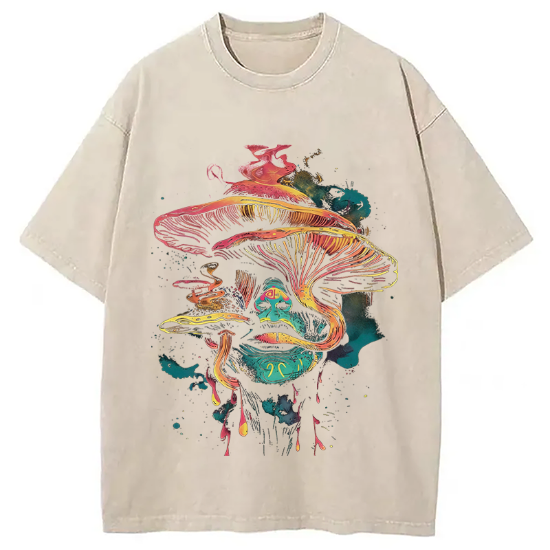Modecanvas Trippy Mushroom DTG Printing Washed T-Shirt-modecanvas