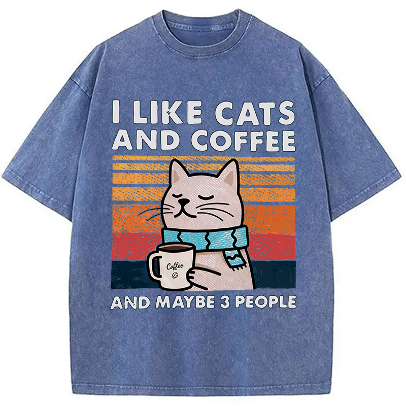 Modecanvas I Like Cats And Coffee And Maybe 3 People DTG Printing Washed T-Shirt