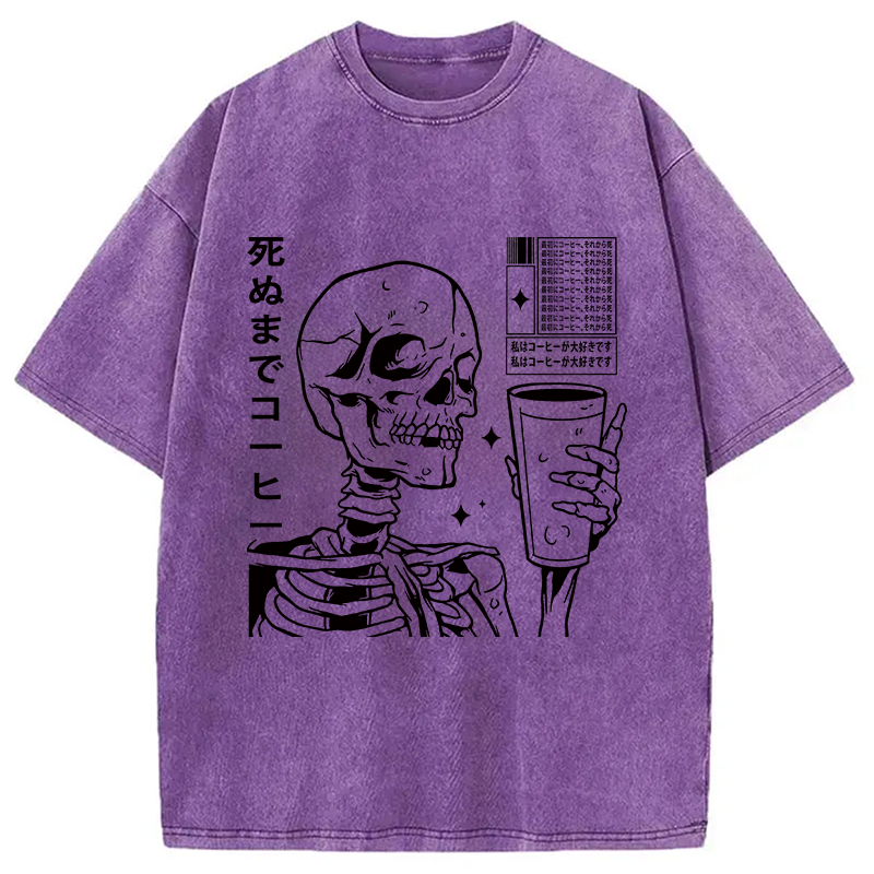 Modecanvas Japanese Skeleton Coffee DTG Printing Washed T-Shirt-modecanvas