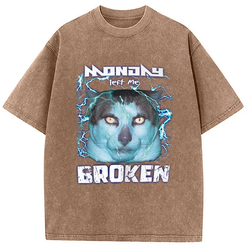 Modecanvas Monday Left Me Broken Cat DTG Printing Washed T-Shirt