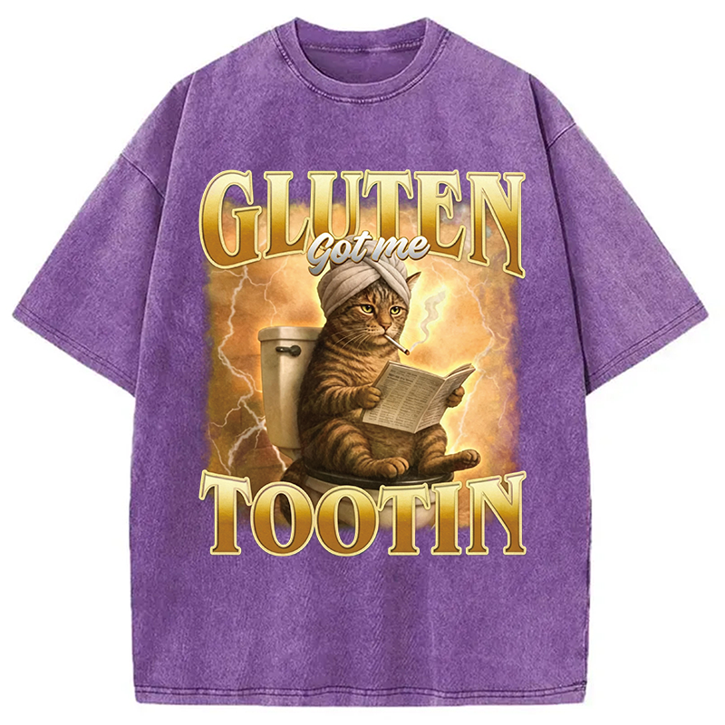 Modecanvas Gluten Got Me Tootin Funny Cat Meme DTG Printing Washed T-Shirt