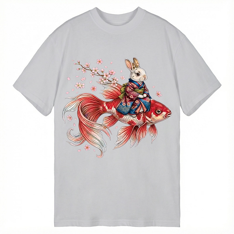 Modecanvas Japanese Style Rabbit And Koi Fish DTG Printing Classic T-Shirt-modecanvas
