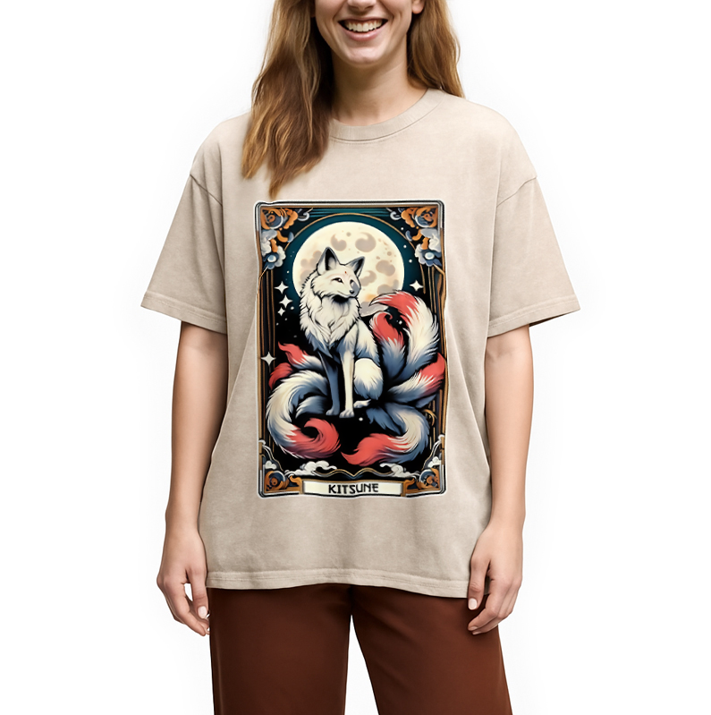 Modecanvas Japanese Kitsune Fox Nine Tailed Fox Tarot Washed T-Shirt