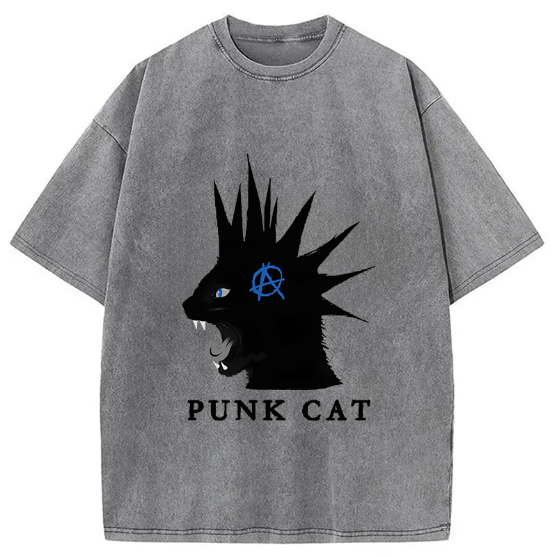 Modecanvas Punk Cat Funny Washed T-Shirt