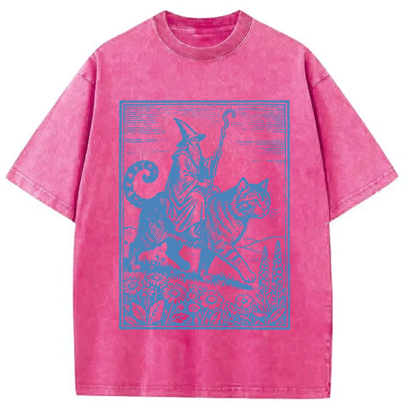 Modecanvas Wizard Cat Rider Vintage DTG Printing Washed T-Shirt