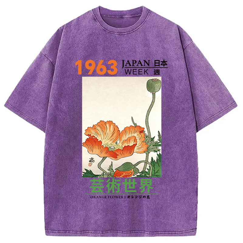 Modecanvas Orange Flower DTG Printing Washed T-Shirt