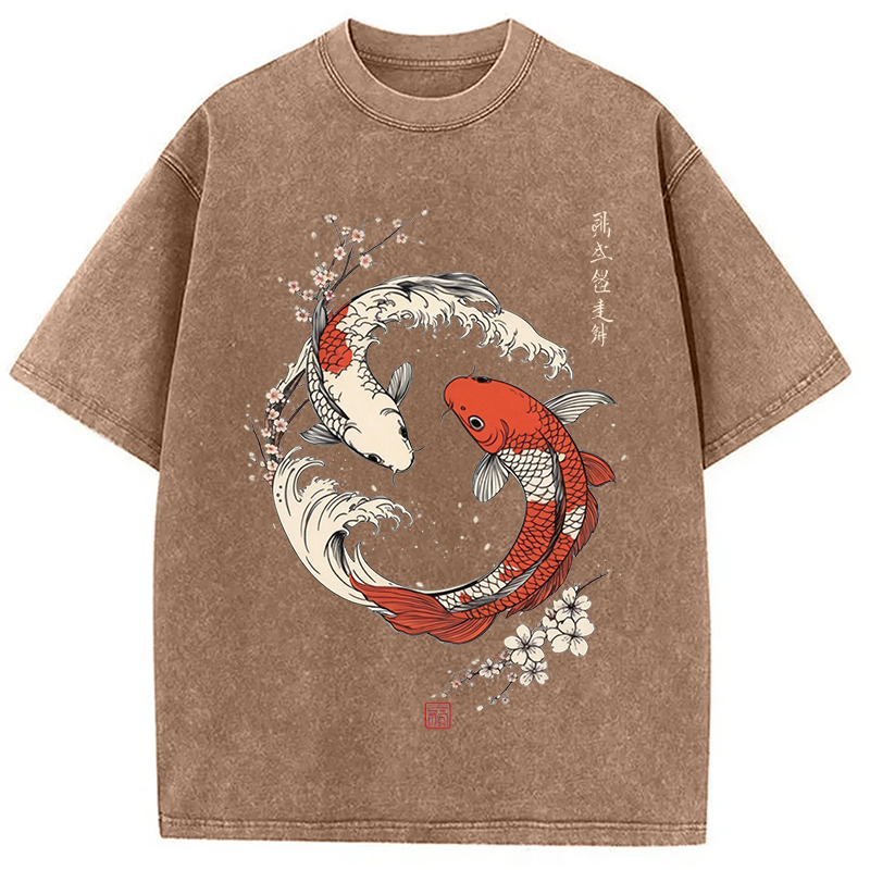 Modecanvas Koi Fish Cherry Blossoms Japanese DTG Printing Washed T-Shirt