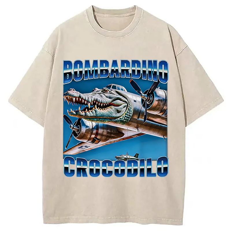 Modecanvas Bombardino Crocodilo Italian Brainrot Meme DTG Printing Washed T-Shirt