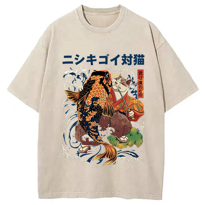 Modecanvas The Cat And The Koi DTG Printing Washed T-Shirt