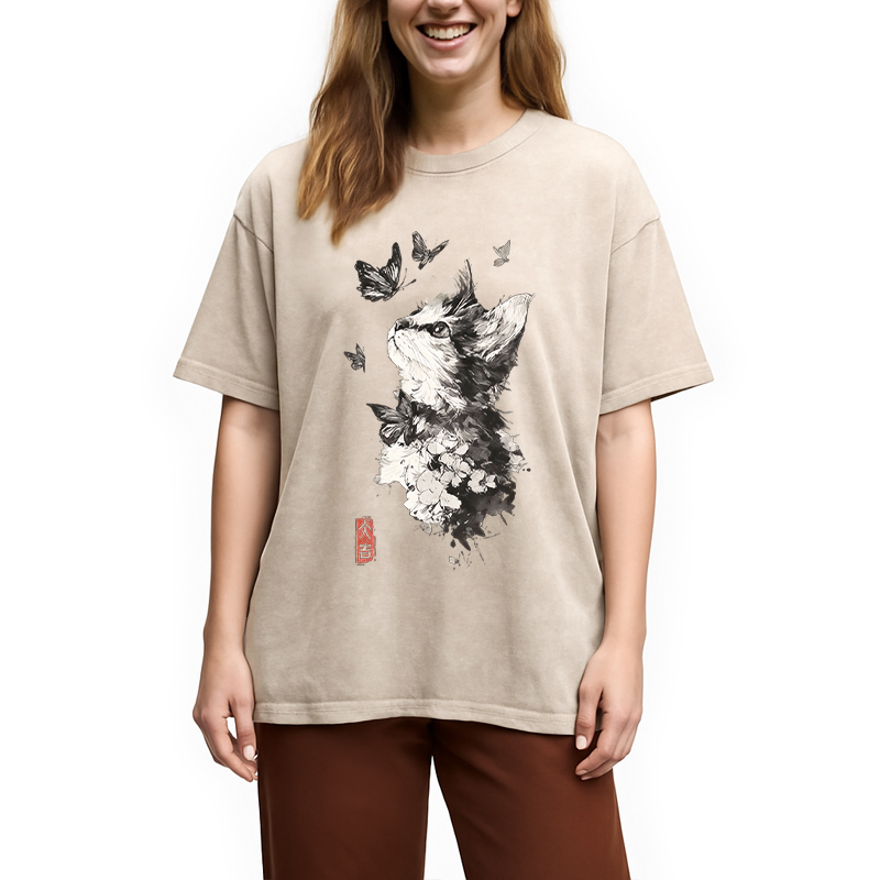 Modecanvas Butterfly and Cat Gaze DTG Printing Washed T-Shirt-modecanvas