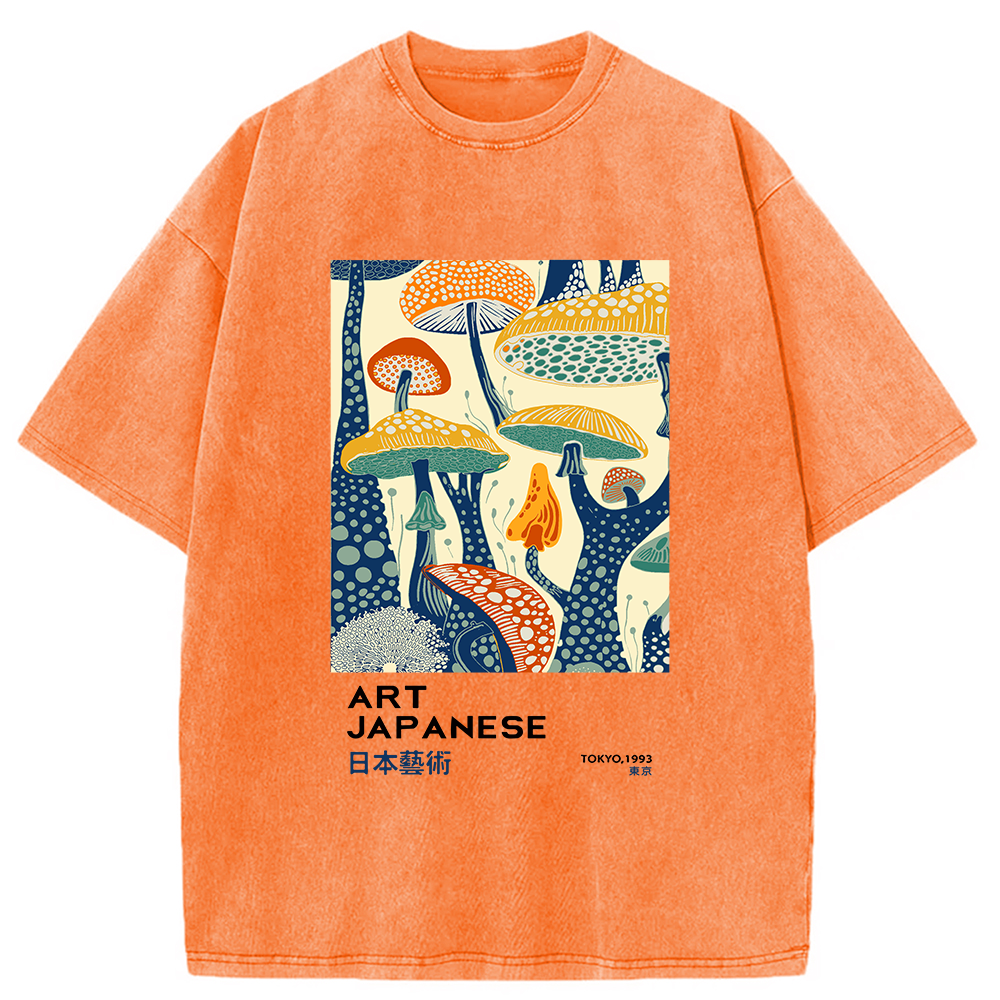 Modecanvas Dancing Mushroom Japanese Art Washed T-Shirt