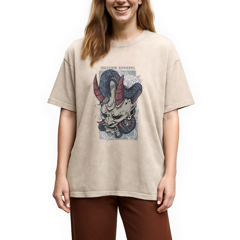 Modecanvas White Oni Mask with Snake Washed T-Shirt