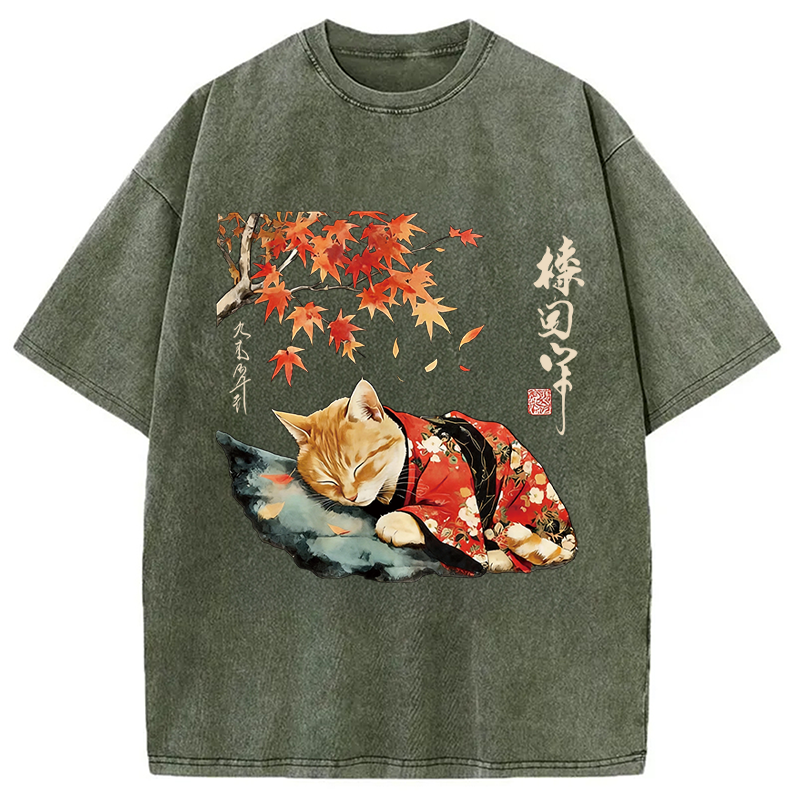 Modecanvas Kimono Neko Art DTG Printing Washed T-Shirt-modecanvas