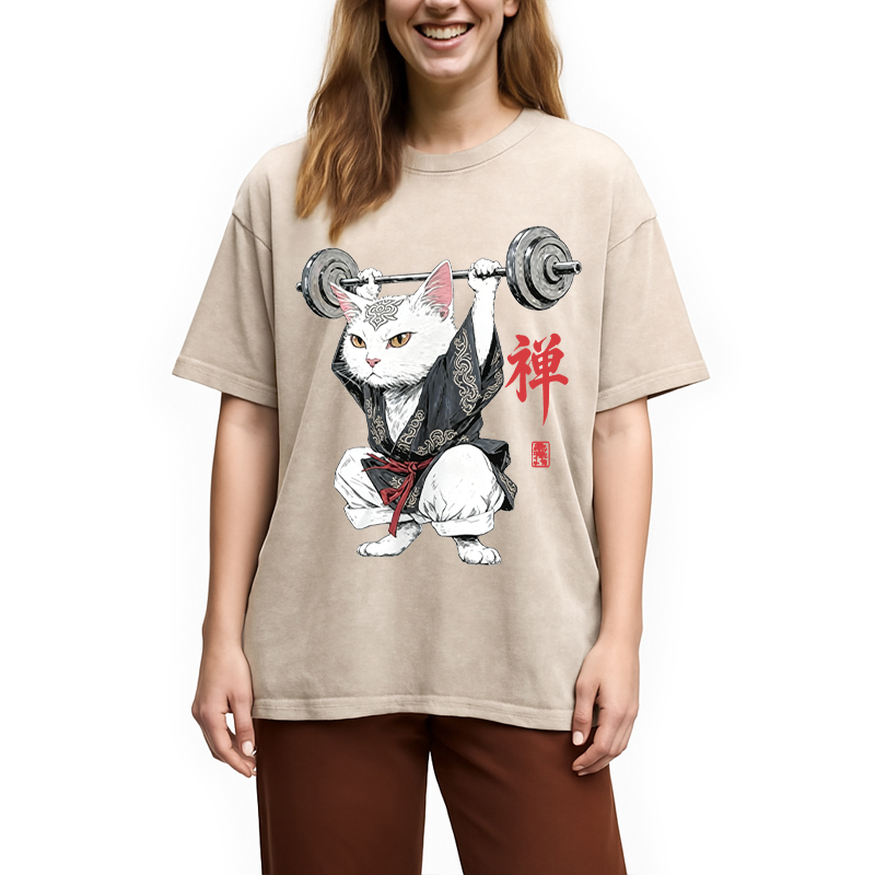 Modecanvas Zen Samurai Cat Weightlifter DTG Printing Washed T-Shirt