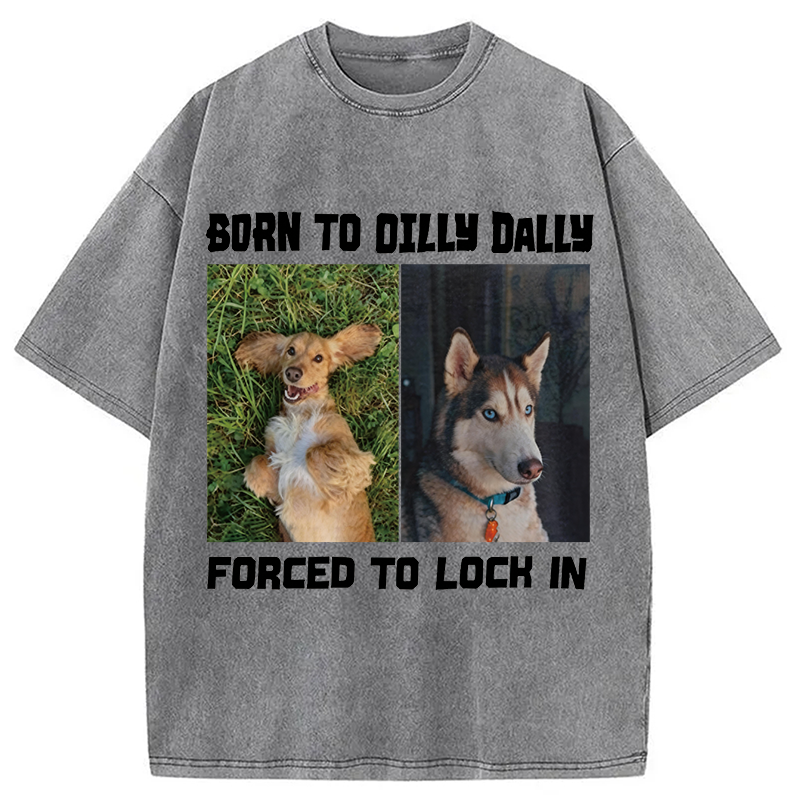Modecanvas Born to Dilly Dally Forced to Lock In Funny Dog Meme DTG Printing Washed T-Shirt