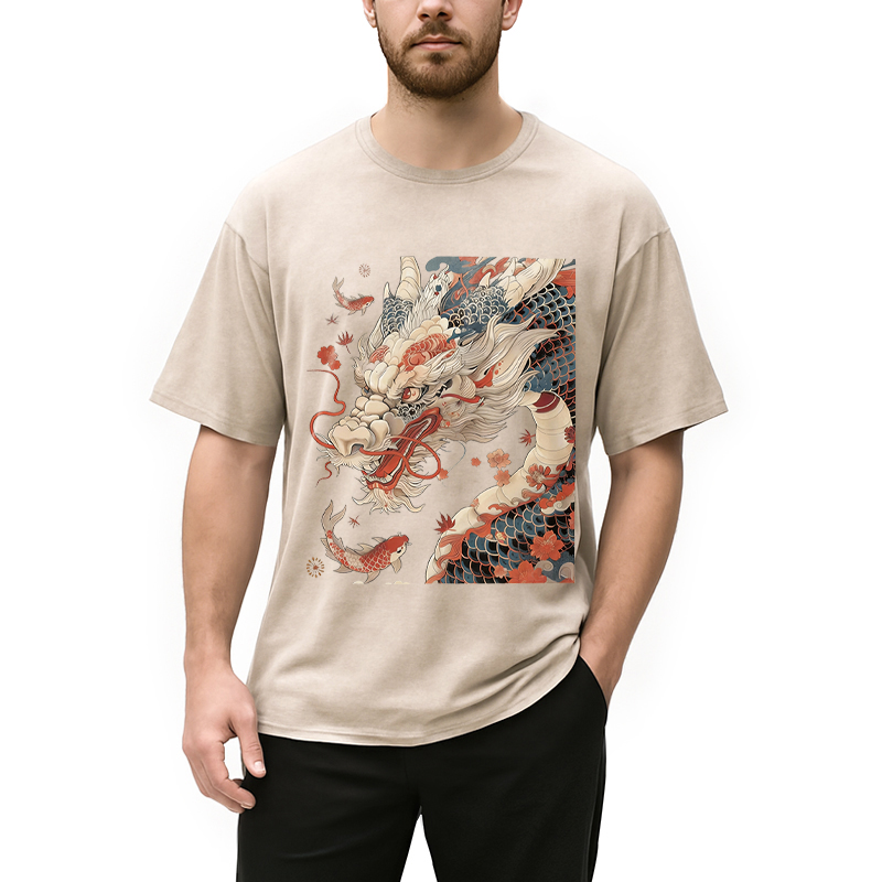 Modecanvas Dragon Koi Fish DTG Printing Washed T-Shirt