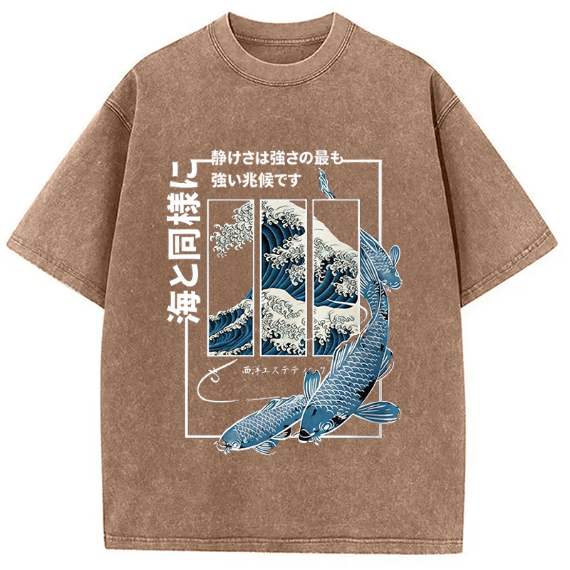 Modecanvas Japanese Koi Fish Great Wave DTG Printing Washed T-Shirt