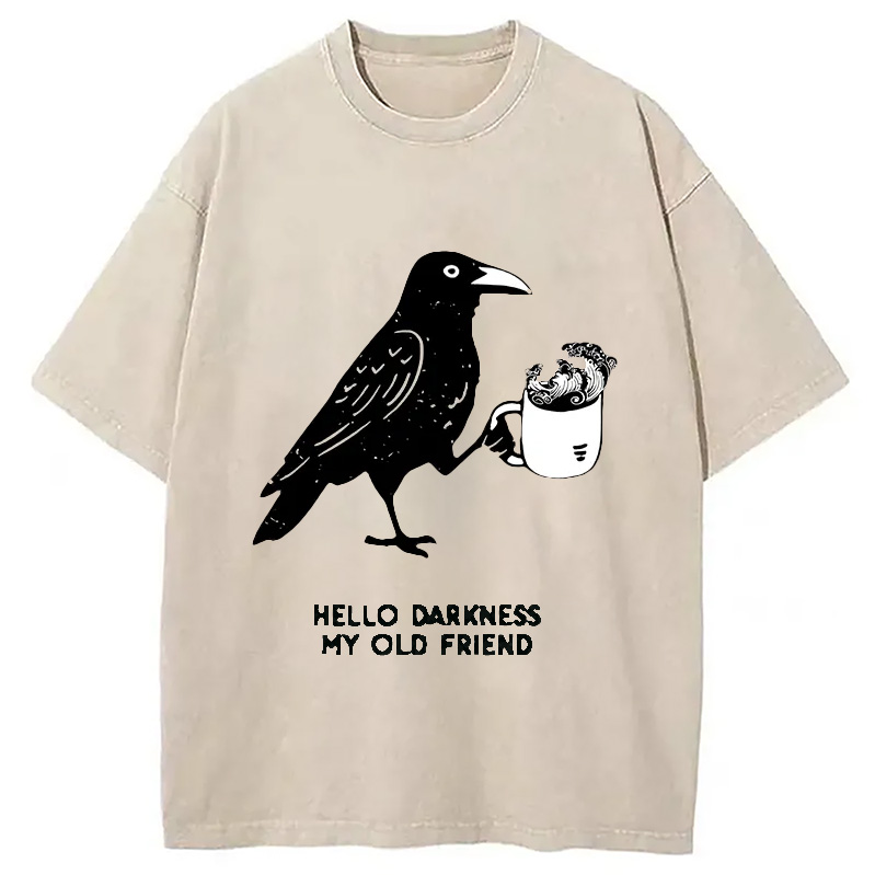 Modecanvas Crow Drinking Black Coffee Funny Washed T-Shirt
