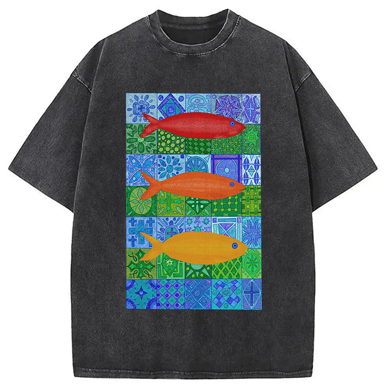 Modecanvas Three Fishes DTG Printing Washed T-Shirt