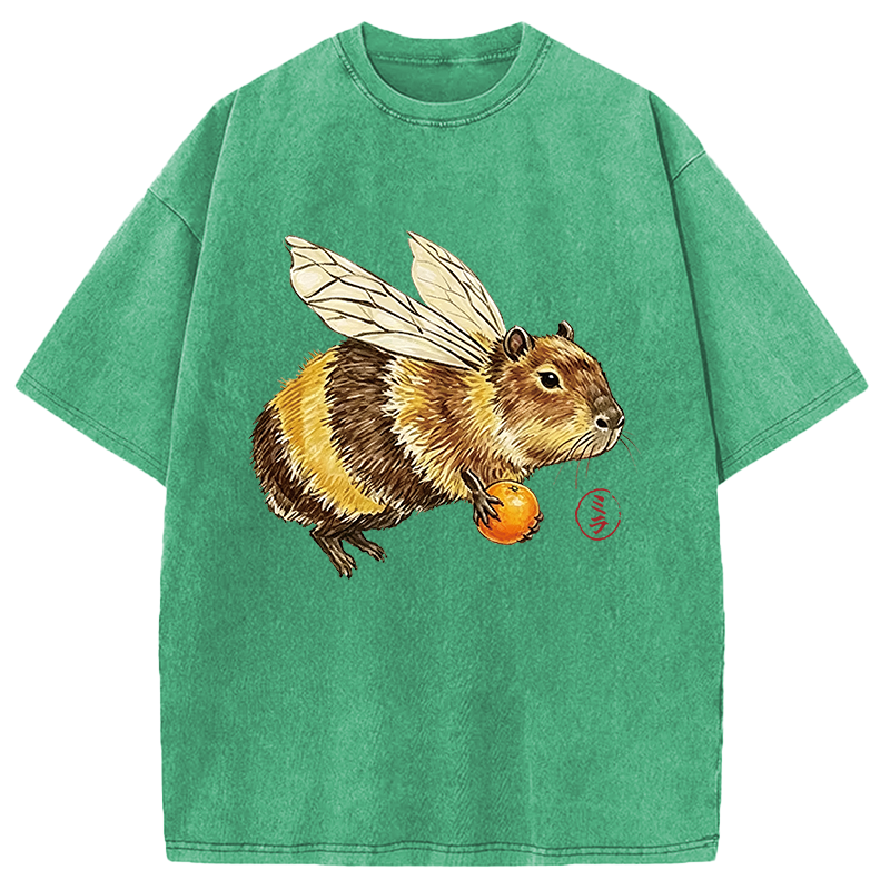 Modecanvas Funny Capybara Bee Meme DTG Printing Washed T-Shirt